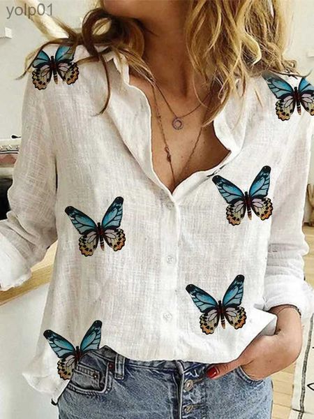 Blusas de mujer Camisas Camisa de lino de algodón Camisa con estampado de mariposas vintage Solapa larga Sle OL Tops de mujer Camisas con botones de gran tamaño blancas informales BlusasL231214