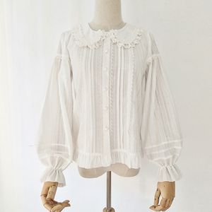 Blouses voor dames shirts katoen lolita shirt Peter pan kraag fleeced blouse met lange mouwen voor vrouwen 230309