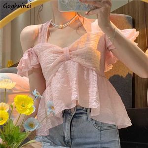 Blusas para mujer Camisas Camisas recortadas Mujeres Verano Dulce Sin espalda Moda Sólido Tierno Cuello oblicuo Sexy Estilo francés Ocio Todo fósforo Clásico Lindo Chic Y2303