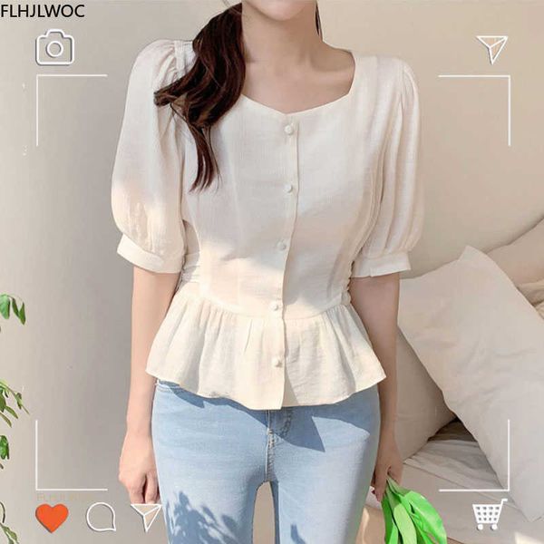 Blusas de mujer Camisas Lindo dulce con volantes Peplum Tops Verano Coreano Chic Estilo japonés Flhjlwoc Niñas preppy Camisa semi transparente Mujeres Blusas superiores P230427