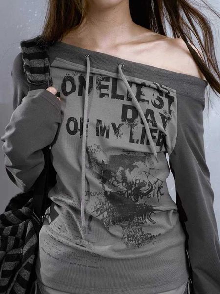 Blusas para mujer Camisas Deeptown Gothic Grunge Gris Off Hombro T Mujeres Harajuku Estampado gráfico Camisetas de manga larga Vintage Y2K Tops Kpop Estética YQ240120