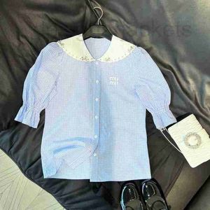 Damesblouses Overhemden Ontwerper 2023 Zomer Nieuw product Beaded Doll Neck Letter Embroidery Light Blue Plaid Bubble Sleeve Shirt for Women MMTD