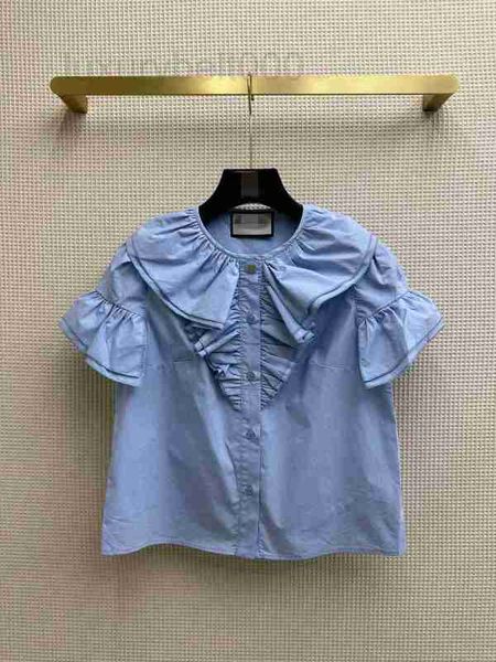 Blusas para mujer Camisas de diseñador Moda para reducir la edad Mangas de burbuja Cuello redondo Camisa de seda de algodón con volantes Slim and Cute Academy Style Blue 1YPN