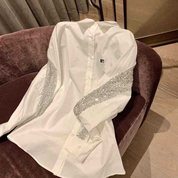 Blouses pour femmes Chemises chemisier de chemise pour femme de créateur tendance lettres de mode broderie blanche chemises à manches longues amples paillettes au dos manteau mi-long lâche tops ISRC