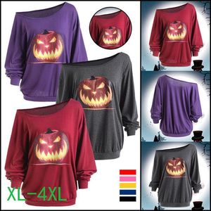 Blouses pour hommes de créateurs Chemises à épaule diagonale Costumes d'Halloween Citrouille Imprimer Top Shirt Femmes Plus Taille Manches longues Col incliné Tee Blouse