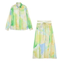 Blouses voor vrouwen shirts Diyig dames 2022 Fashion Tie Dye Gedrukte retro lange mouwen met een zijspanne met enkele borsten Slit vrouwelijke blouse chic top