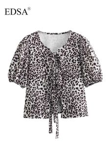 Chemises de chemisiers pour femmes Edsa Fashion Fashion Leopard Lace Up Shirt Short Puff Sleeves O-Leck Blouse Elegant High Street Femme Holiday Tops 240411