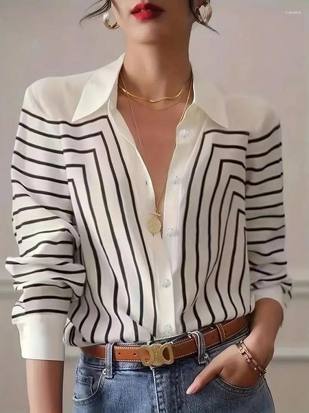 Blusas para mujer, camisas elegantes con estampado de líneas en blanco y negro, camisa con botones, ropa femenina de talla grande para primavera y verano 2024