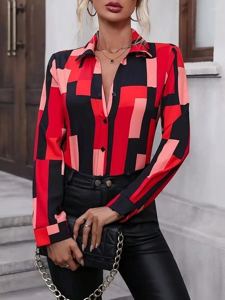 Blusas para mujer, camisas elegantes con estampado de líneas negras y rojas, camisa con botones, ropa femenina de talla grande para primavera y verano 2024