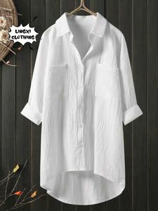 Blouses -shirts voor dames elegante en jeugd vrouw blouses casual home katoen linnen groot formaat een enkele borsten borstelstijl lange slede shirt d240507