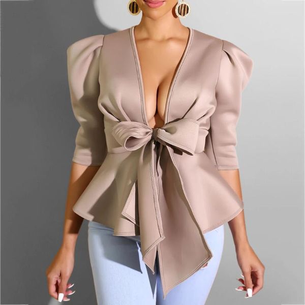 Femmes Blouses Chemises Élégantes Dames Chemise À Volants Sexy Col En V Bowknot Designer Clubwear Automne 2021 Plus La Taille Tops Femmes Blouse Bureau Fa