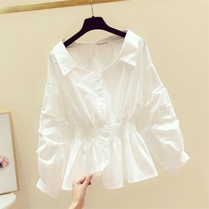 Blouses -shirts voor dames elegante off -schoudertop lange mouw tuniek blouses vrouwen knopen wit shirt af te schakelen kraag casual 230414