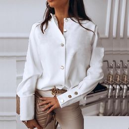 Blouses pour femmes Chemises élégantes chemisier blanc chemise femme à manches longues bouton mode femme hauts et livraison de chute de printemps solide Appa Dhhbw