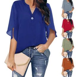 Blusas de mujer Camisas Blusa elegante para mujer Camiseta informal Verano Simple Sólido Manga corta Cuello en V Oficina Señora Camisa de gasa Top SXXXL