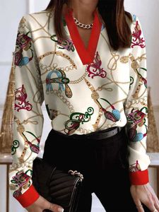 Damesblouses Overhemden Elegant Damesshirt met V-hals Modieus Vintage Bloemenprint Strak overhemd 2022 Damesshirt met lange mouwen T230825