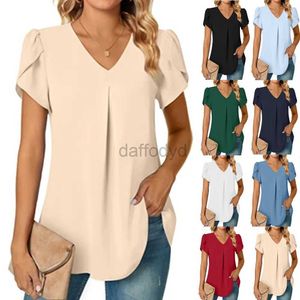 Blouses-shirts voor dames elegante dames bovenste blouse bloem 2023 zomer mode eenvoud korte mouw solide v-neck commuter kantoor vrouwelijk shirt s-xxl 240411