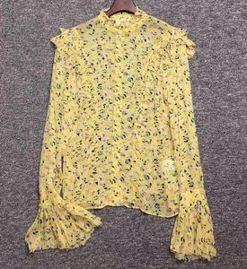 Blusas femininas camisas [ElfStyle] – Musselina com estampa floral amarela TWEET ANEMONE BLUSA com babados no pescoço, mangas compridas, punhos alargados, top fashion