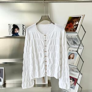 Women's Blouses Shirts European Designer ontwerpt een nieuwe casual vaste ronde ronde nek geplooide dun gebreide vesten met lange mouwen