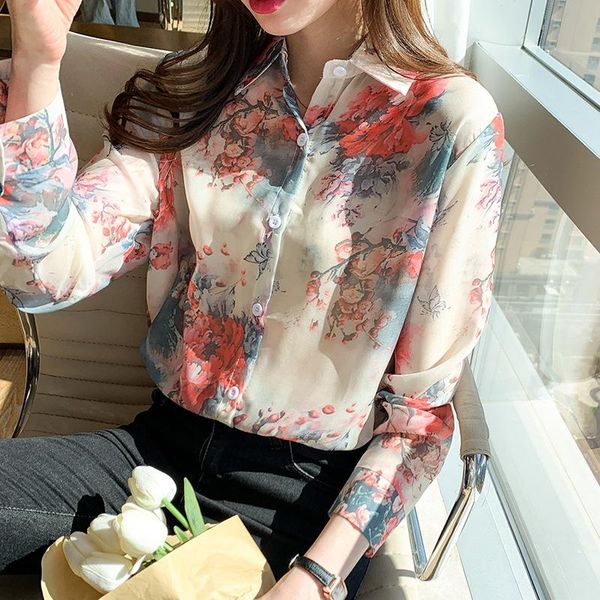 Chemisiers pour femmes Chemises Automne Chemise pour femmes Floral en mousseline de soie à manches longues Version coréenne en vrac Imprimé rétro Chemise à simple boutonnage pour femmes