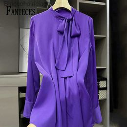 Damesblouses Shirts FANIECES Blusas jer 2023 Satijn Damesoverhemden Herfst Lange Sle Effen Paarse Blouse Elegante Vlinderdas Kantoor Dames Tops PulloverL231130