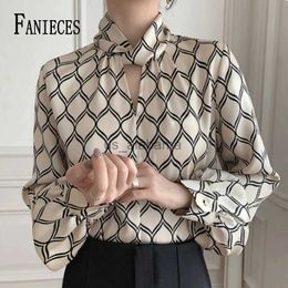 Damesblouses Overhemden FANIECES Mode Lattice Print Satijnen Damesblouse Losse lange mouwen Elegante Franse stijl Damesoverhemd Tops blusa mujer moda 2023 YQ231214