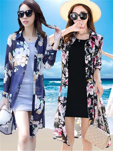 Blusas de mujer Camisas Moda Boho Cardigan Mujer Verano Protección solar Manga larga Gasa Vintage Flor Estampado Playa Kimono