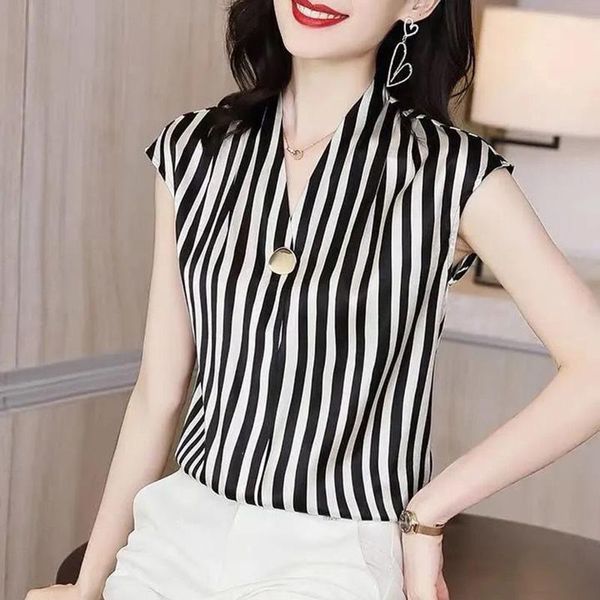 Blusas de mujer Camisas Moda Rayas Cuello en V Botón Suelta Camisa de gasa de manga corta Suéteres casuales de verano Tallas grandes Ropa de mujer Com