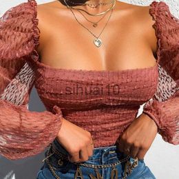 Dames Blouses Shirts Mode Zomer herfst Tops Dames Shirt Blouse Ruches lange mouwen Kant Tule Strappy Vierkante kraag Sexy Cropped Lady High street J230621