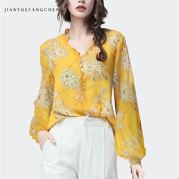 Chemises pour femmes Fashion Yellow Floral dames mousseline en mousseline