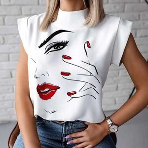 Chemises de chemisiers pour femmes à la mode pour femmes élégants à imprimé à lèvres et chemise 2024 Bureau d'été Femme Collier debout