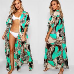 Blouses pour femmes Chemises Fitshinling Bohemian Summer Bikini Beach Cover Up Maillots de bain Vacances Grande taille Imprimer Long Cardigan Kimono Vert Sexy C