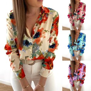 Bloemen blouse vrouwen afslag kraag met lange mouwen mode plus maat casual blouses elegant dame kantoorwerk shirts tops