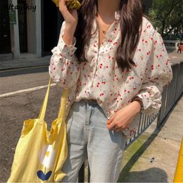 Chemisiers Femme Chemises Floral Femmes Élégant Ulzzang Col V Chic Blusas Mujer Manches Longues Printemps Casual All-match Cosy Feminine Hipster