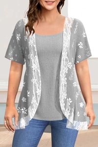 Chemises de chemisiers pour femmes Flycurvy plus taille de lin gris décontracté à imprimé floral de lin en dentelle à deux pièces Blouse Y240510