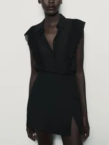 Chemisiers pour femmes Chemises pour femmes 2024 Mode Bureau Élégant Semi Sheer Blouse noire Chemise Top Col à revers sans manches à volants en mousseline de soie