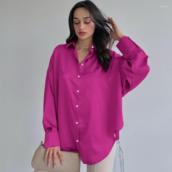 Blouses Femmes Chemises pour femmes Solide à manches longues Chemise boutonnée Hauts à col et chemisier 2023 Automne Printemps Mode Lâche Casual Rose Rouge