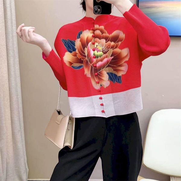 Blusas de mujer Camisas para mujer Diseño de pliegue vintage Manga larga Cuello alto estampado Estilo coreano Cárdigan holgado con un solo pecho Tops