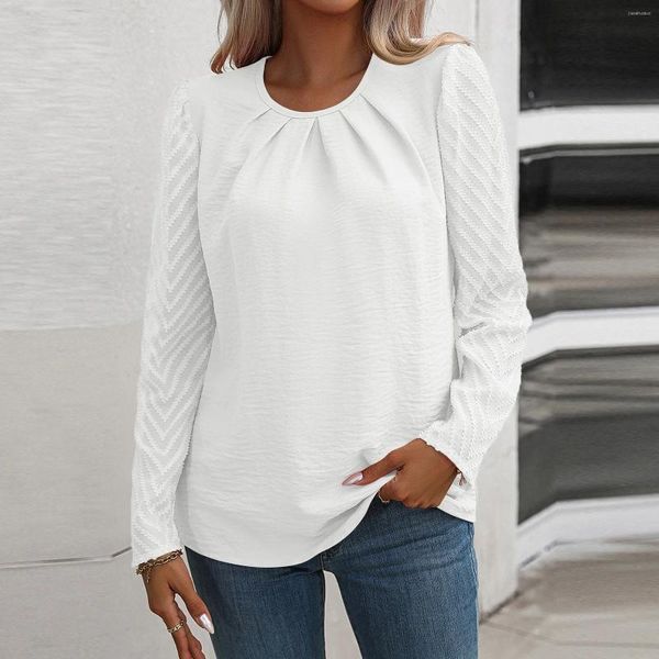 Blusas de mujer, camisas para mujer, otoño 2023, blusa de manga larga con cuello redondo, camisa de estilo informal sólida, Tops plisados, jersey para mujer