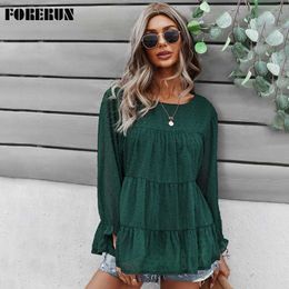 Dames Blouses Overhemden FORERUN Dames Tops en Bloues Effen O-hals Flare Lange mouw Chiffon Ruches Blouses Boho Blusas Mujer De Moda 2021 Dropshipping L230712