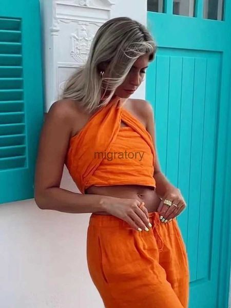 Blusas de mujer Camisas Foridol Algodón Lino Naranja Fruncido Crop Top Halter Sexy Sin espalda Verano Otoño Blanco Playa Camiseta sin mangas Camis Cross Sexy Top YQ231213