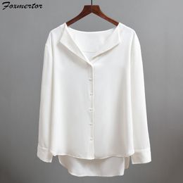 Damesblouses Overhemden Foxmertor Damesoverhemden Casual Effen Uitloper Tops Herfst Vrouwelijke Chiffon Blouse Kantoor Dame V-hals Knoop Losse Kleding 230323