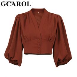 Blusas de mujer Camisas GCAROL Camisa con botones y cuello en V profundo para mujer Satén Estilo francés Manga de linterna Blusa delgada retro Top corto blanco Pantalón a juego para 4 estaciones YQ240118