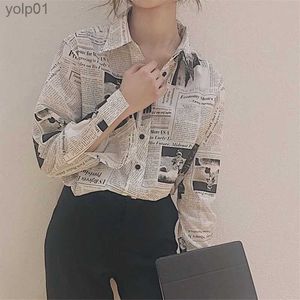 Damesblouses Shirts Gidyq Mode Dames Chiffon Shirts Koreaanse Casual Krant Print Fe Losse Tops Bf Streetwear Alle Match ShirtsL231214