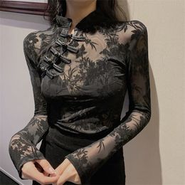 Blouzen voor dames shirts meisjes transparante kanten kanten vrouwelijke Chinese stijl coltrui vintage zwarte toppen voor volledige mouw voor vrouwen 220913