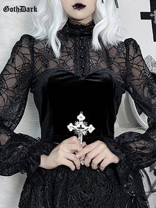 Blouses voor dames shirts Goth Dark Elegant Vintage Mall Gothic Women Blouses Grunge Velvet Siper Web Splice Sexy Shirts Punk Black Emo Alt Crop Tops Fall 230204