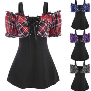 Women's Blouses Shirts Gothic Top Red Plaid Blouse Vaces Up Off Shoulder Ruffle Casual Square Skul Square Neck Summer Streetwear 230324