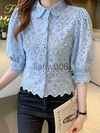 Dames Blouses Shirts H Han Queen Zomer Blusas Basic Office Lady Blusas Vintage Kant Tops Elegante Chiffon Blouse Vrouwen Losse Hollow Out Casual Shirts J230802