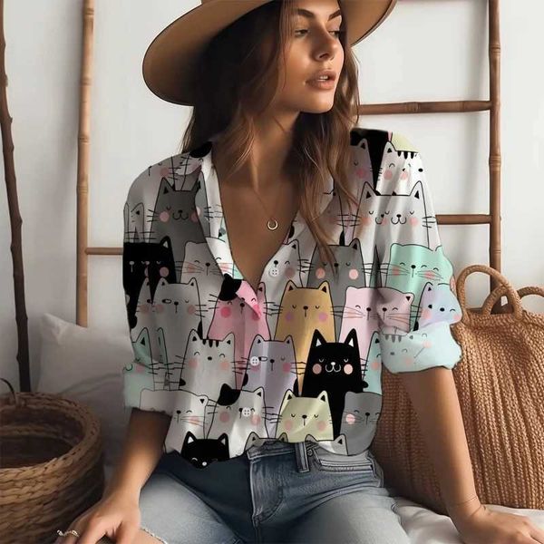 Chemises de chemisiers pour femmes Haiian Womens 3D Print numérique Cat Motle Cat Match Shirt Tempérament Casual Womens Classic Long Slet Top D240507