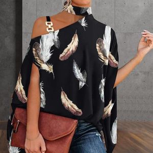 Blouses voor dames shirts halter lady shirt dames ketting riem uit schoudertop casual losse baggy ademende veren print blouse voor kantoorw