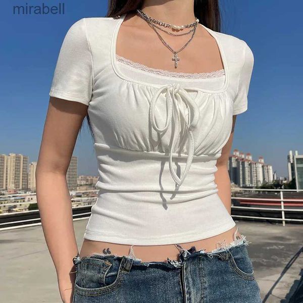 Blusas de mujer Camisas Happylisa Camisetas para mujer Camisetas Camiseta Mujer de encaje Manga corta Pliegues Crop Tops Verano Señoras Hot Sexy Mujer Camisetas flacas T06 YQ240117